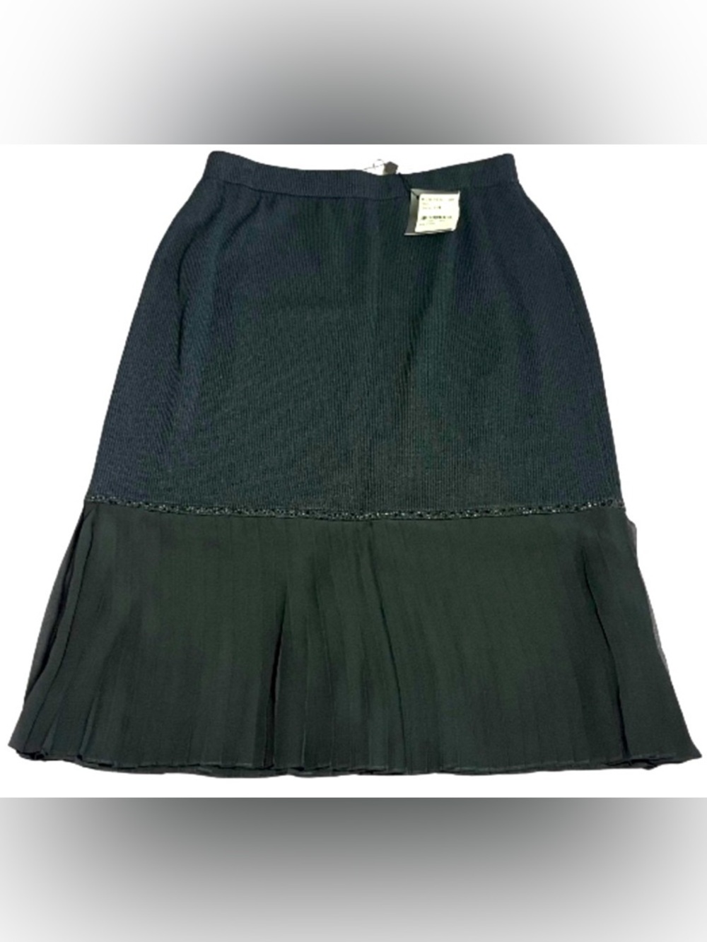 NWT St. John 4 Knit Midi Skirt Silk Pleated Trumpet Crystal Embellishment Black